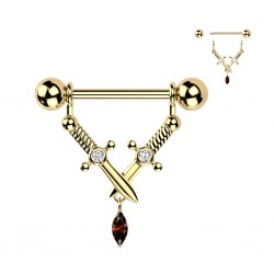 Piercing téton jaune pendentif avec des épées gem rouge (118)