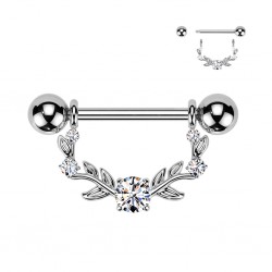 Piercing téton gris pendentif avec tige et feuilles transparentes (121)
