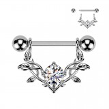 Piercing téton gris pendentif cristal rond transparent et feuilles (124)