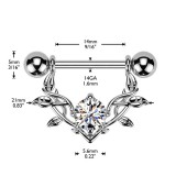 Piercing téton gris pendentif cristal rond transparent et feuilles (124)