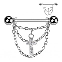 Piercing téton gris pendentif deux chaines avec croix (125)