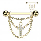 Piercing téton jaune pendentif deux chaines avec croix (125)
