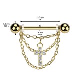 Piercing téton jaune pendentif deux chaines avec croix (125)