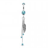 Piercing nombril plume avec trois chainettes et strass bleu clair (04)