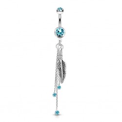 Piercing nombril plume avec trois chainettes et strass bleu clair (04)