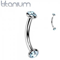Piercing arcade gris en titane embouts plats strass bleu clair (127)