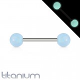 Piercing langue titane G23 barre avec embouts boule fluorescent bleu-clair