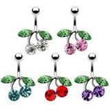 Piercing nombril cerise feuilles vertes (D174)
