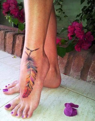  Tatouage plume colorée sur la cheville 
